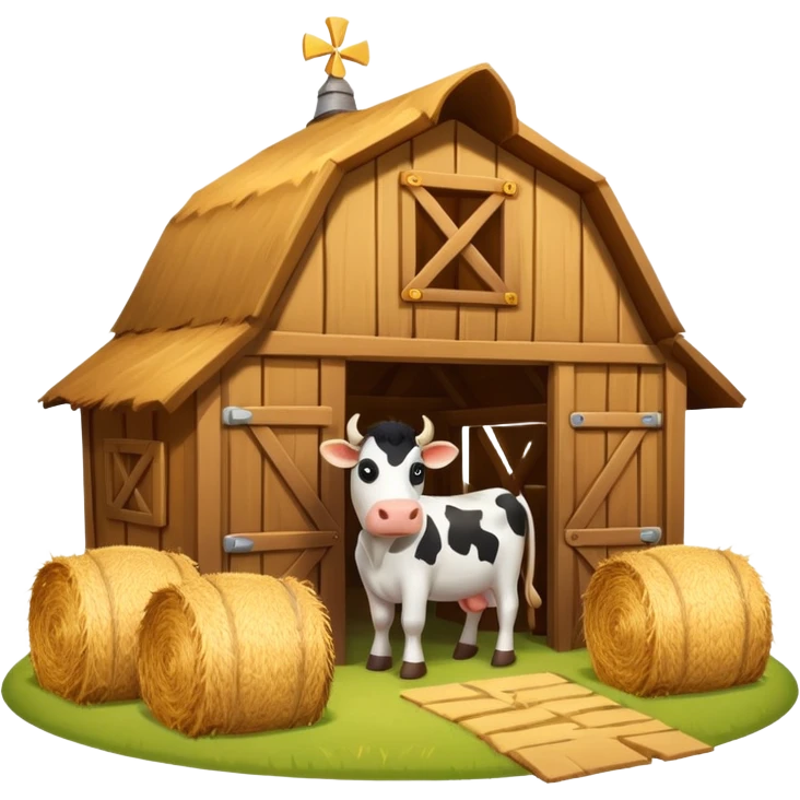 cow barn object icon, wooden stable building, hay bales near entrance, warm light, farm style, 3D cartoon, mobile game icon style, centered, clean background, no text, no watermark
 emoji