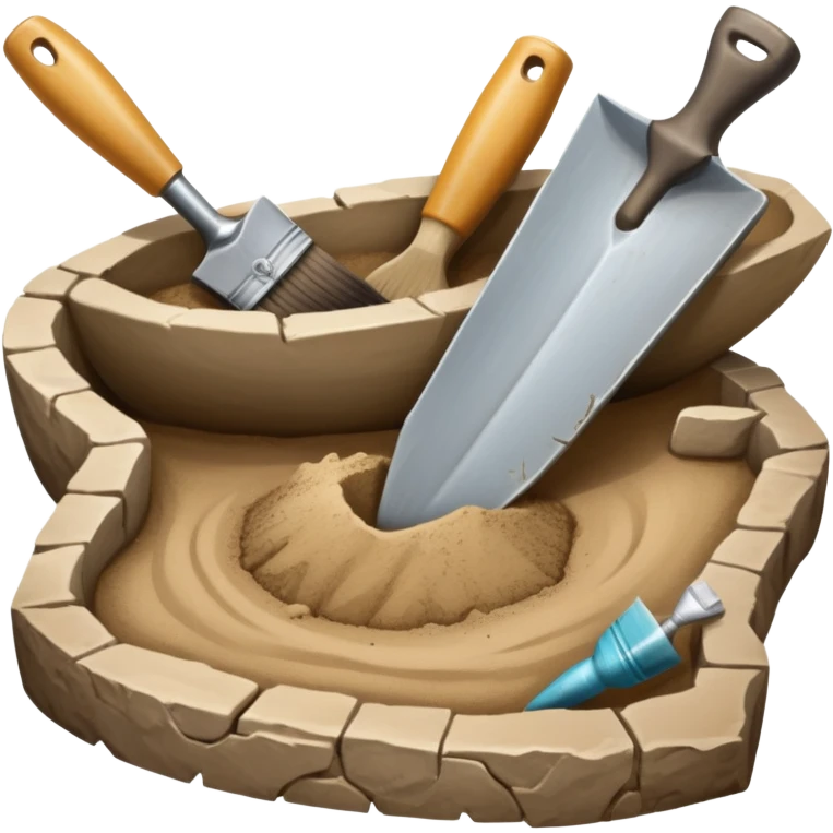 An icon showing an archaeologist’s tools: a trowel, brush, and a partially uncovered ancient artifact like a vase or tablet. The design includes a sandy excavation site with ruins in the background, symbolizing the discovery of past civilizations. Transparent background  emoji