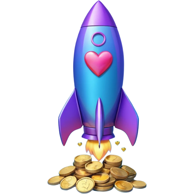 3D rocket with coins and hearts, purple blue gradient, glossy, transparent background emoji