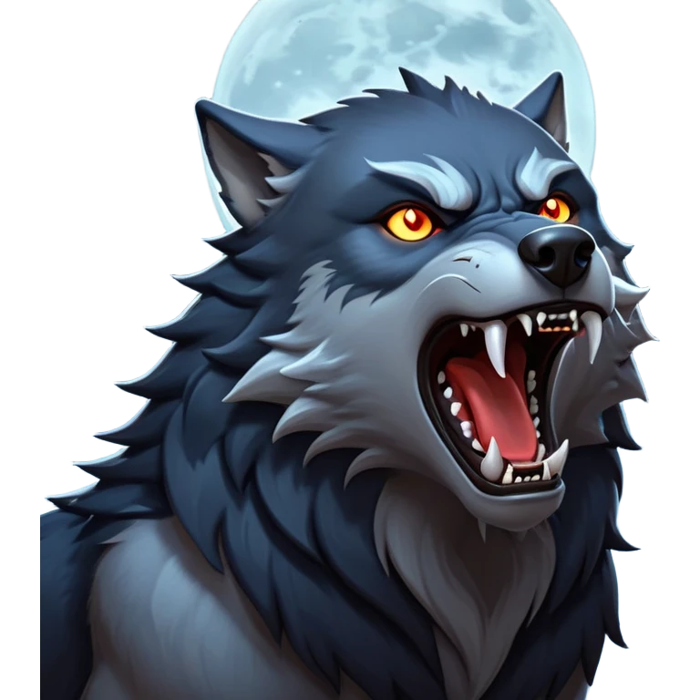 cinematic-noble-fierce-werewolf-howling-portrait-emoji, poised-and-imposing, with a fierce wolfish face tilted upwards in a haunting howl, glowing eyes full of primal ferocity, sharp, and a rugged snout, fur rippling in shades of midnight black and silver, muscles tensed as the powerful howl echoes beneath the moonlit sky; rendered with realism, capturing the raw, untamed power of the beast in its wild, primal state emoji