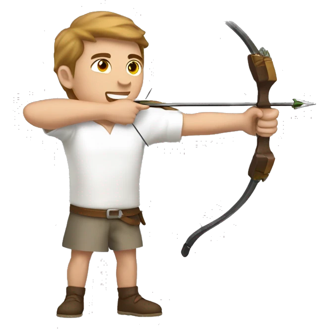 a male archer aiming with a bow looking and  aiming at his target, wearing a white shirt, very show brown hair, bright skin emoji
