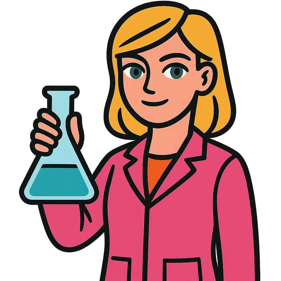 blonde girl with green-grey eyes, wearing a pink lab coat, holding a flask emoji