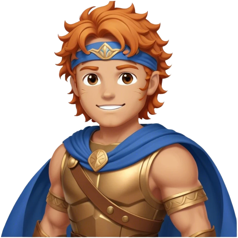 A muscular young hero with wavy orange hair and a determined smile. He wears a Greek-style brown tunic with a blue cape, bronze armor, and a headband. His stance is confident and heroic, exuding strength and courage emoji