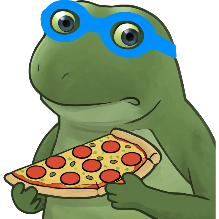 ninja turtle wearing blue eye mask with pizza emoji