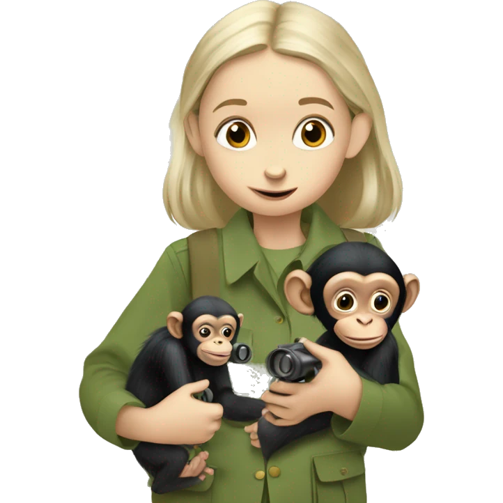 young Jane Goodall with binoculars and a baby chimpanzee emoji