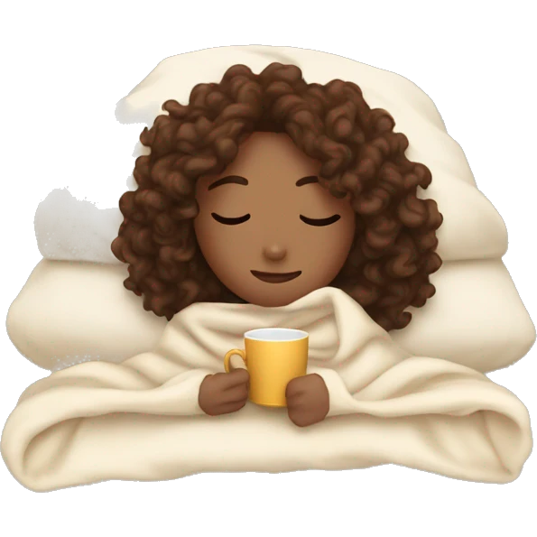 girl with curly brown hair inside a blanket sipping coffee eyes closed emoji