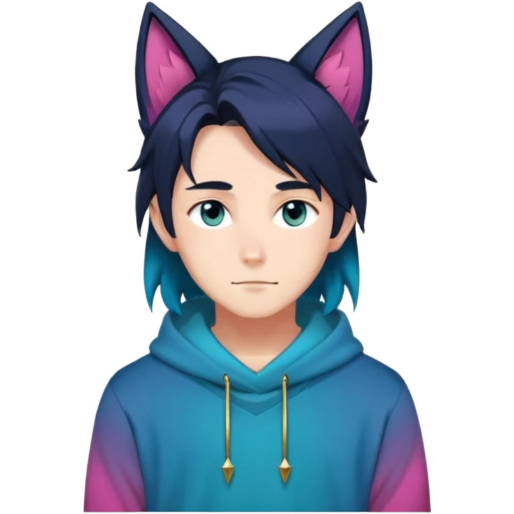 anime man with straight long dark-blueish-black-gradient hair, long black fox ears with pink Scapha, hazel-gradient-brown-turquoise eyes, gold earring hanging from fox ear, dark-blue-sweater emoji