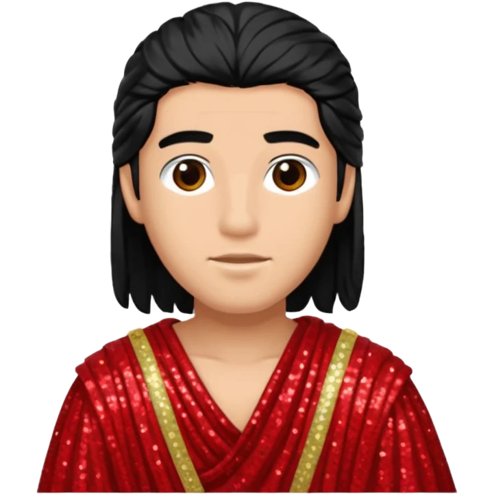 Adonis from Roman Deities with long black hair, red sequin toga emoji