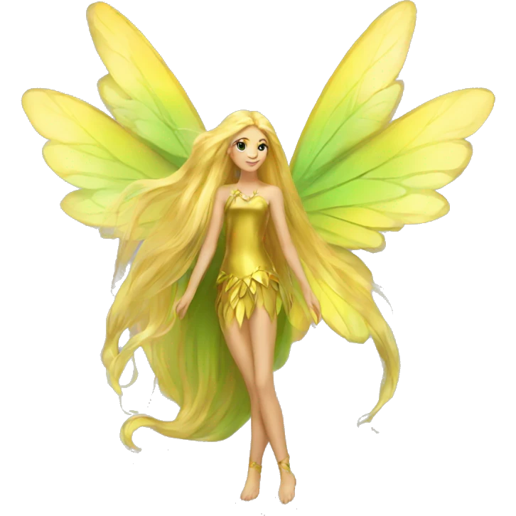 Beautiful, fairy, gold, yellow, green, long hair, big wings emoji