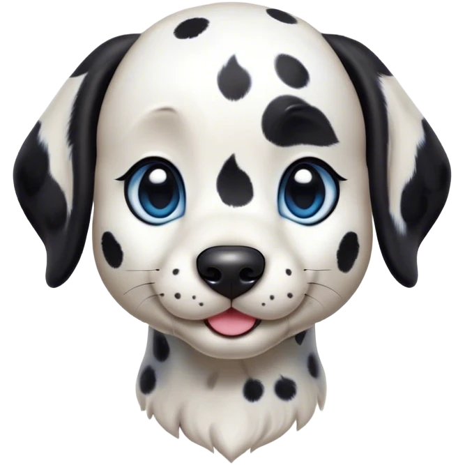 Cinematic Cute Harlequin Dalmatian Portrait Emoji, Head tilted playfully and inquisitively, featuring a glossy Fur of predominantly white with dynamic black patches, round, sparkling blue eyes filled with gentle curiosity, Simplified yet irresistibly adorable features, highly detailed, glowing with a warm, friendly glow, high shine, affectionate and gentle, stylized with a touch of whimsy, bright and endearing, soft glowing outline, capturing the essence of a mischievous yet loving pup, so playful it feels like it could lumber out of the screen and into your arms! emoji