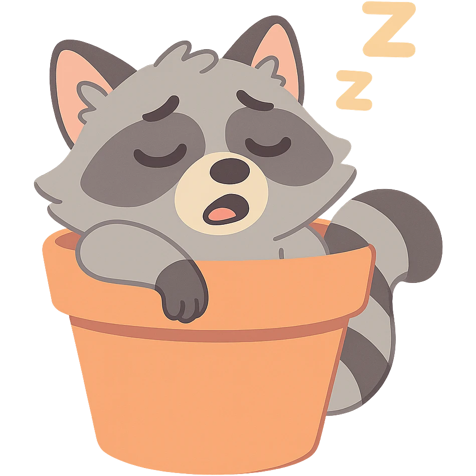 sleepy raccoon inside a flower pot, pastel earthy colors, pastel toon style emoji