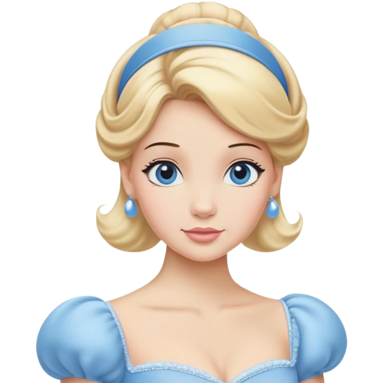 Cinderella from hips up, iconic powder blue ballgown with puffed sleeves, blonde hair with blue headband, minimal style but very recognizable emoji