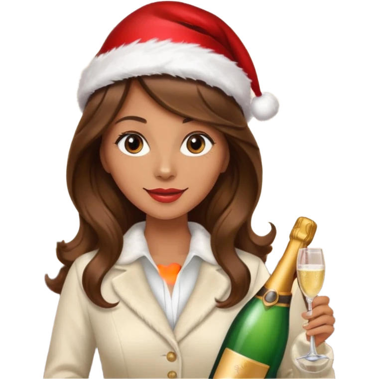 mujer peinandose en la peluqueria y con un gorro de navidad, cabello largo café y ondulado emoji