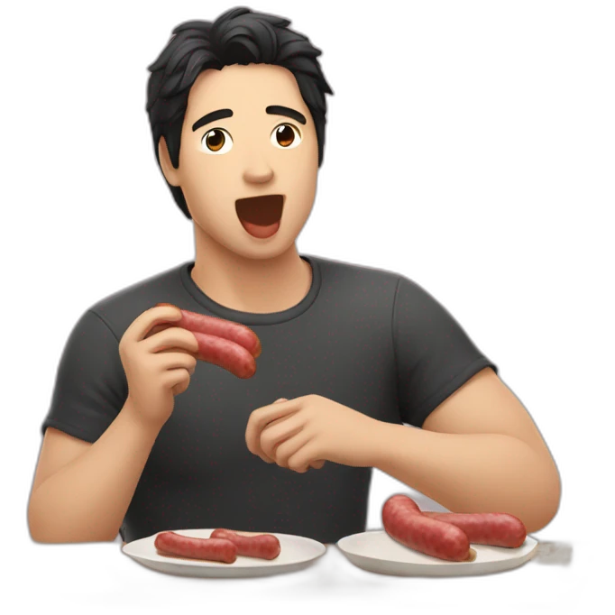 Kawai men with dark hair eating sausage emoji