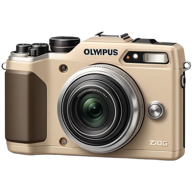 Minimalist beige Olympus Superzoom 70G camera, simplified clean design, basic rectangular shape with minimal details, just enough to identify as Olympus Superzoom 70G, flat style emoji
