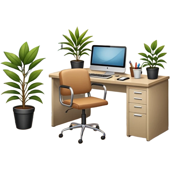 imagen de oficina con escritorio, silla, notebook, agenda y una plata con un cartel que diga FUERA DE OFICINA emoji