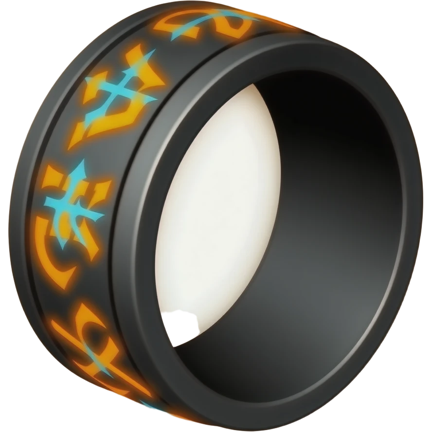 Black ring with glowing orange and blue runes emitting orange and grey emoji