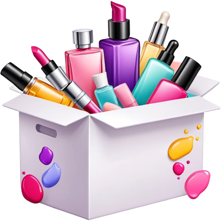 an opened box with colorful makeup, skincare bottles, and perfume spilling out emoji