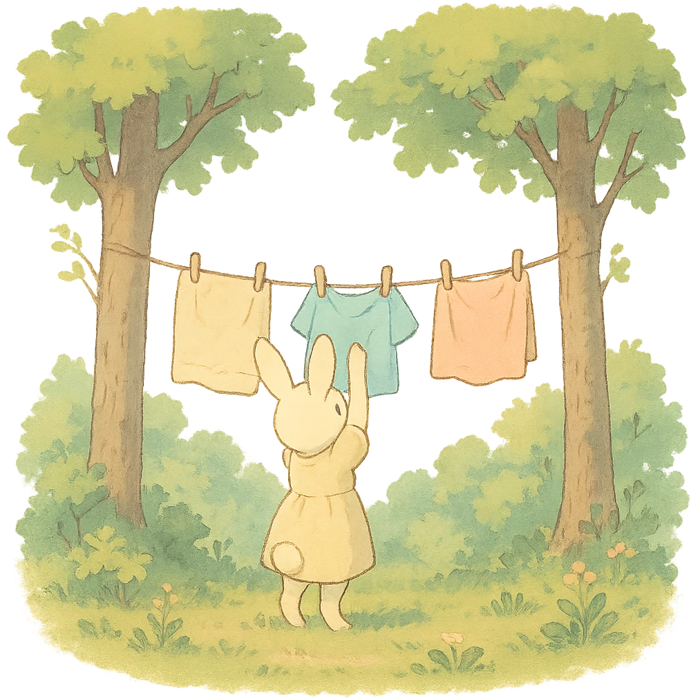 bunny hanging laundry between trees, calming domestic forest feel, soft pastel colors emoji
