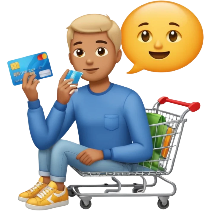Emoji-style illustration of a person holding a credit card, hand on chin thinking. A thought bubble above the head showing clothes, sneakers, and a shopping cart, representing deciding whether to spend money. Clean, modern emoji style, bright colors, white or transparent background. emoji