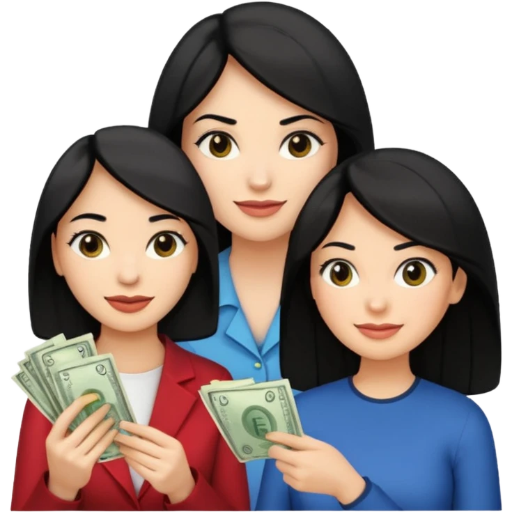 Chica cabello negro, en el marketing digital, que esté preocupada por facturas y otra que esté alegre de ganar dinero  emoji