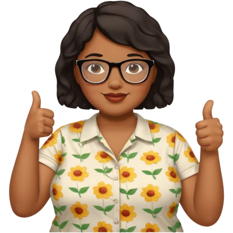 make a fat brown female biology teacher with glasses giving a thumbs up with short black hair wavy remove the doctor outfit and put on a regular summer looking shirt emoji