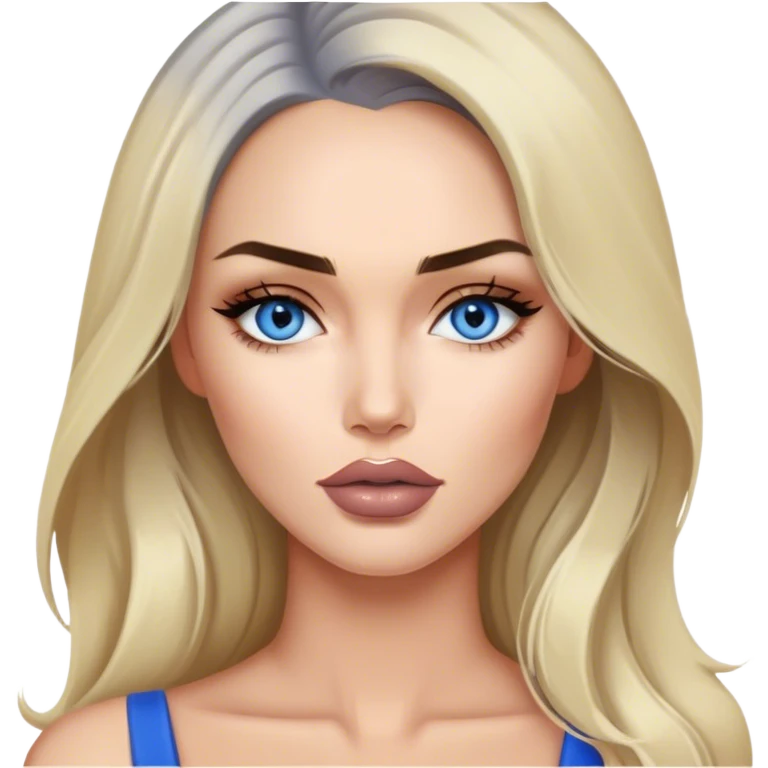 A blonde grey highlights Megan fox with blue grey eyes and nude lipstick on emoji