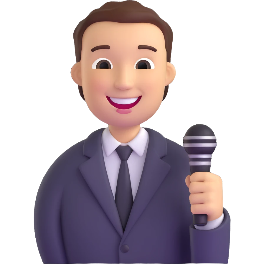 comedian with a big smile holding a mic emoji