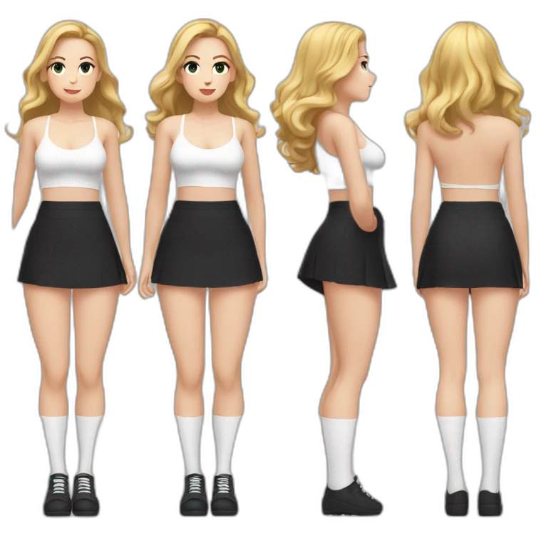 Front view curvy caucasian beauty sitting straight hands up black skirt white knickers white socks emoji