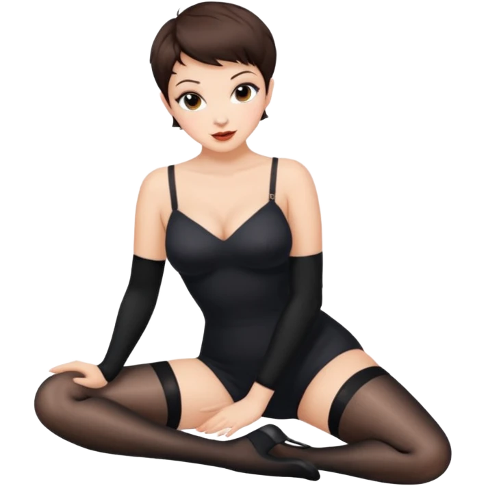 Buxom brunette pixie hair intimate sfw black nylon stocking pose emoji