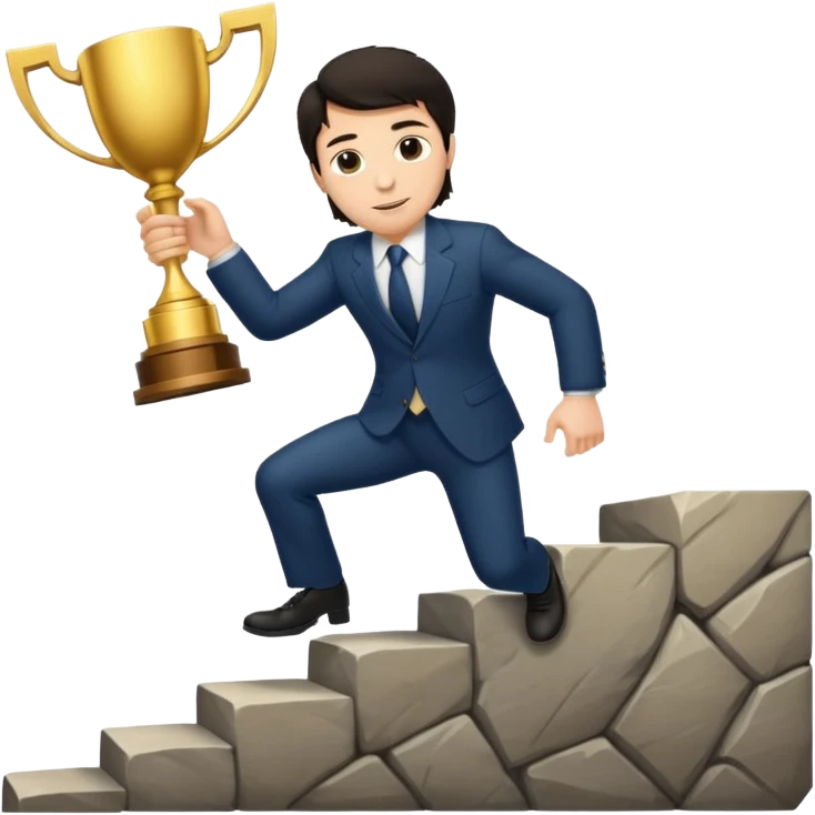 UN HOMBRE DE PIEL CLARA Y PELO OSCURO SUBIENDO ESCALERAS LARGAS PARA ALCANZAR UN TROFEO emoji