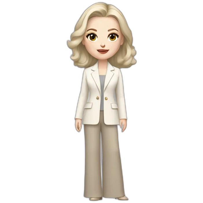 pale skin woman with ash blonde Straightened bob Hair, White Spacious classical jacket, beige palazzo Arrow pants and gray blouse holding a color palette in the hands emoji