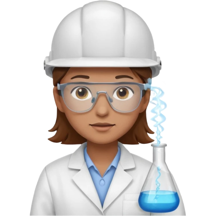 Ingeniera quimica con delantal, casco de seguridad y gafas de seguridad, castaña de ojos claros emoji