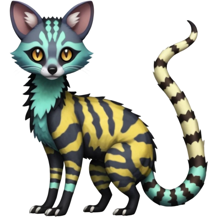 Rare warm-colored lush exotic edgy epic aesthetic gloomy spooky dark modern colorful cyber-Genet-Trico-species-Fakemon-hybrid-creature, with beautiful intricate markings, full body emoji