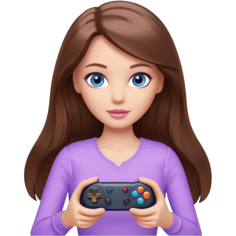 beautiful barbie girl with long brown hair, blue eyes and wearing light purple clothes playing console games with controller emoji