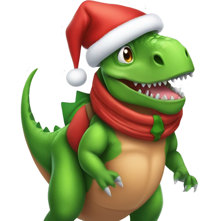 Dinosaur dressed up as Santa Clause with an elf on its shoulder emoji