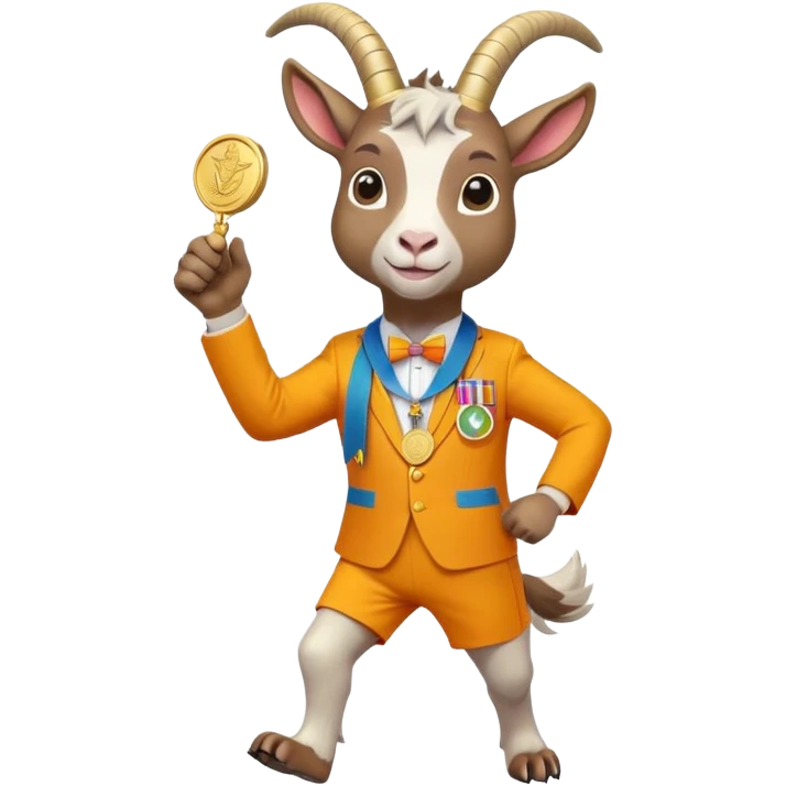 friendly anthropomorphised goat jogging upright in a colourful suit, holding up a medal, standard pose emoji