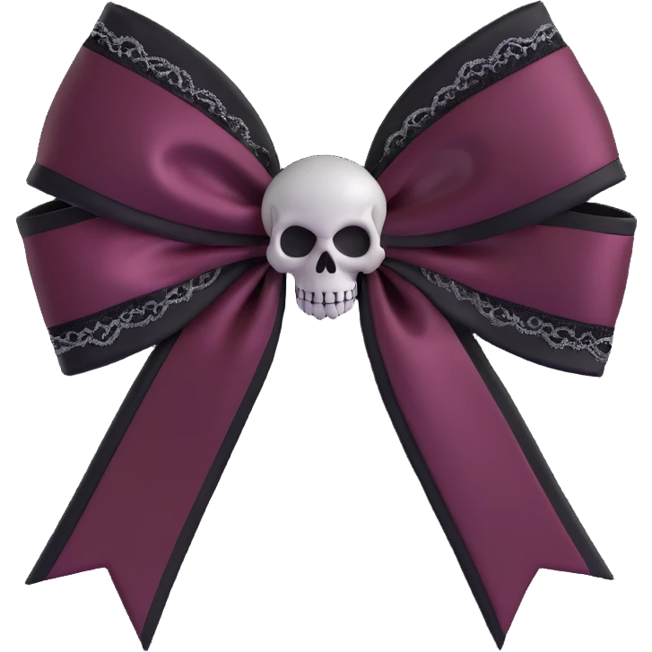 gothic bow, dark maroon satin, black lace trim, silver skull charm, moody and elegant emoji