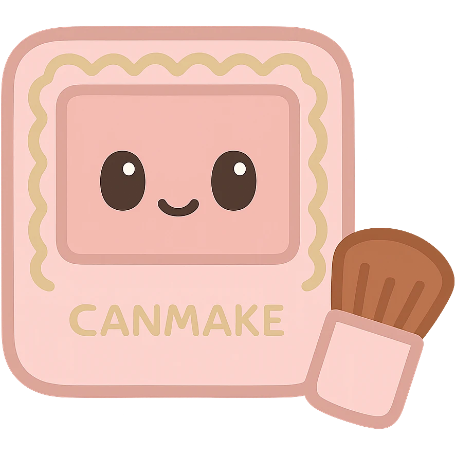 Canmake cosmetics inspired emoji, showing a compact blush with a tiny brush, pastel pinks and gold accents, kawaii style emoji