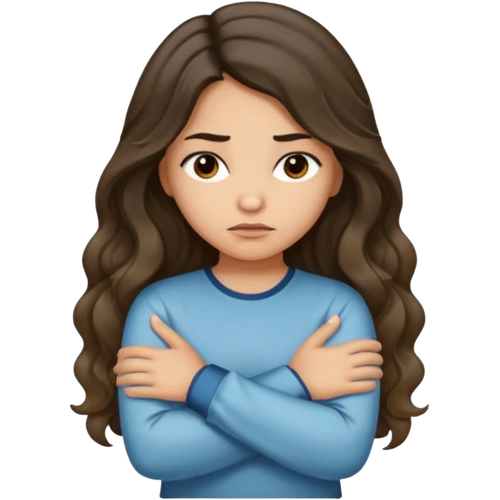 Hispanic light tan girl with long dark wavy hair with arms folded while pouting. Wearing a long sleeve. Hair with middle part. emoji