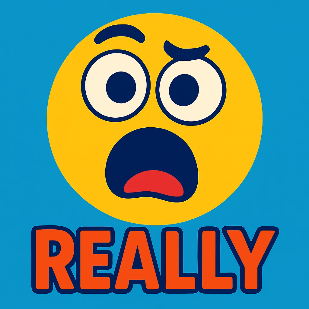 funny emoji of the word 'really', big eyes, open mouth, humorous, vibrant style emoji