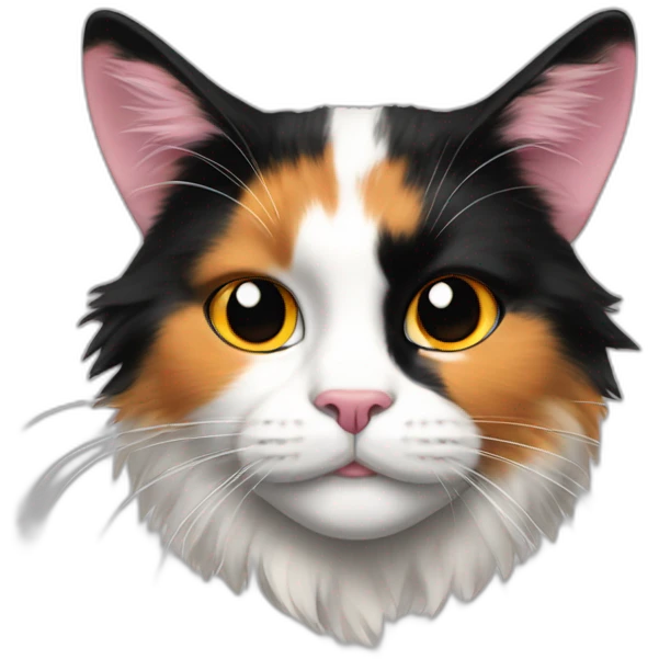 girl fluffy calico cat face left side black right orange rest is white pink nose emoji