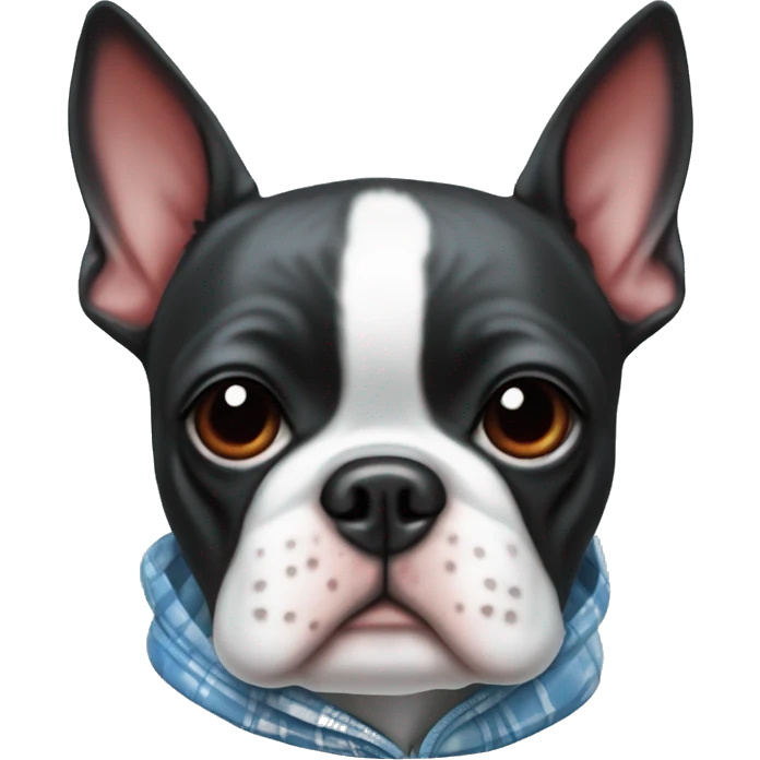 Boston terrier in a light blue white red plaid hoodie  emoji