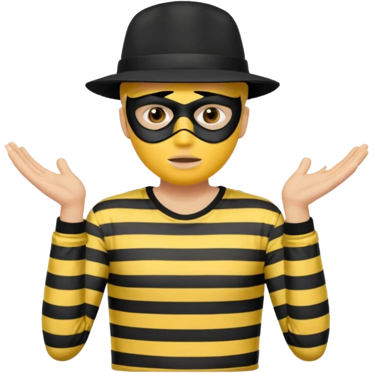 Shrugging shoulders emoji but wearing cliche robber outfit not holding any money, emoji yellow skin tone male emoji