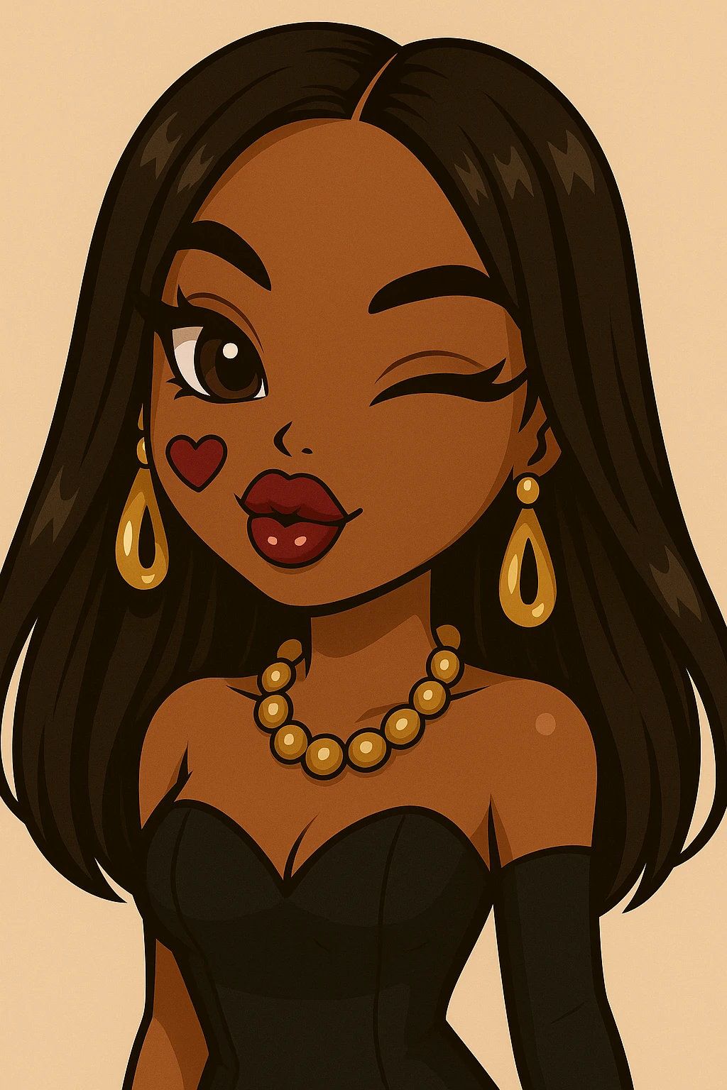 Headshot only of a 20-year-old anime Bratz style woman with dark skin and straight hair. She has a sassy attitude with a confident and playful expression. She wears glamorous evening wear, has big expressive eyes, and glossy lips. No hat, no tears. emoji