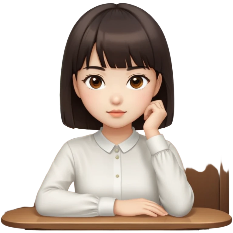Cute East Asian girl, soft fair skin, big brown eyes, straight bangs, inward brown bob. Sitting at table, chin on hand, smirking coldly, wearing white blouse, side-eyeing with attitude. emoji