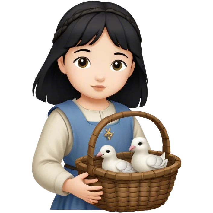 toddler girl with black hair carrying wicker basket with turtledoves, medieval age emoji