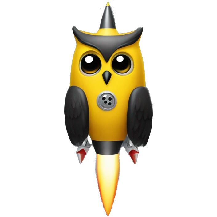 yellow and black owl on a rocket emoji