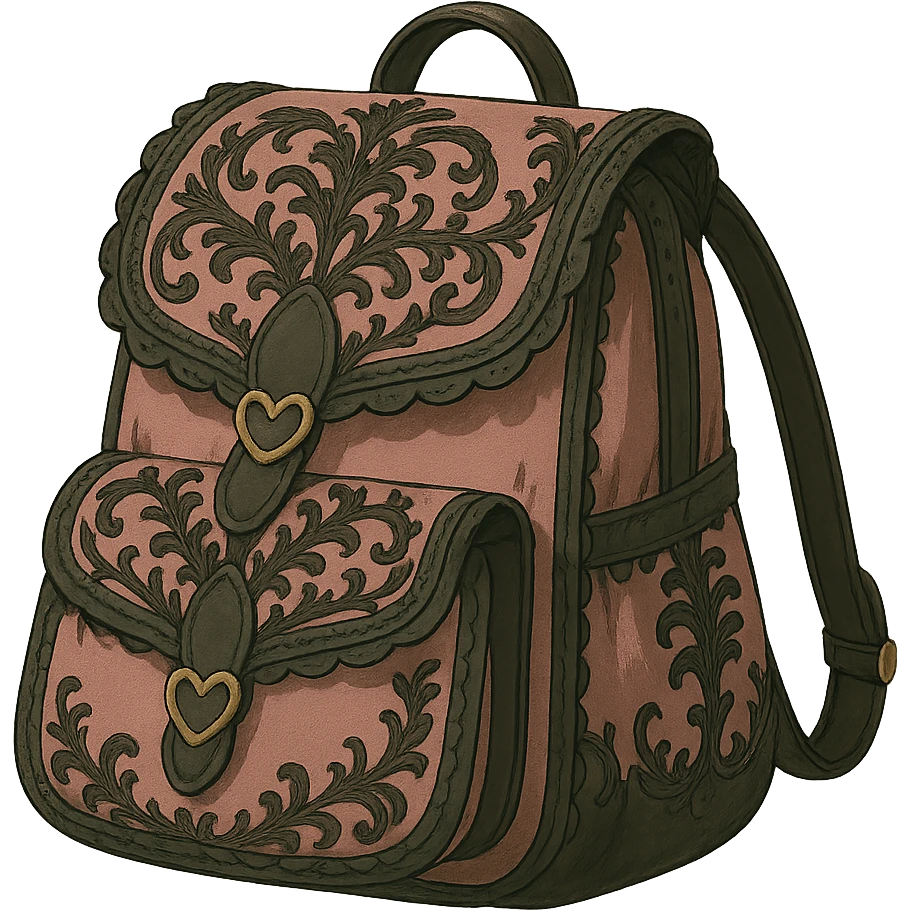 Remove the background, keep only the pink and black gothic backpack in Ghibli style, ornate details, lace, elegant, whimsical, soft lighting, with no background emoji