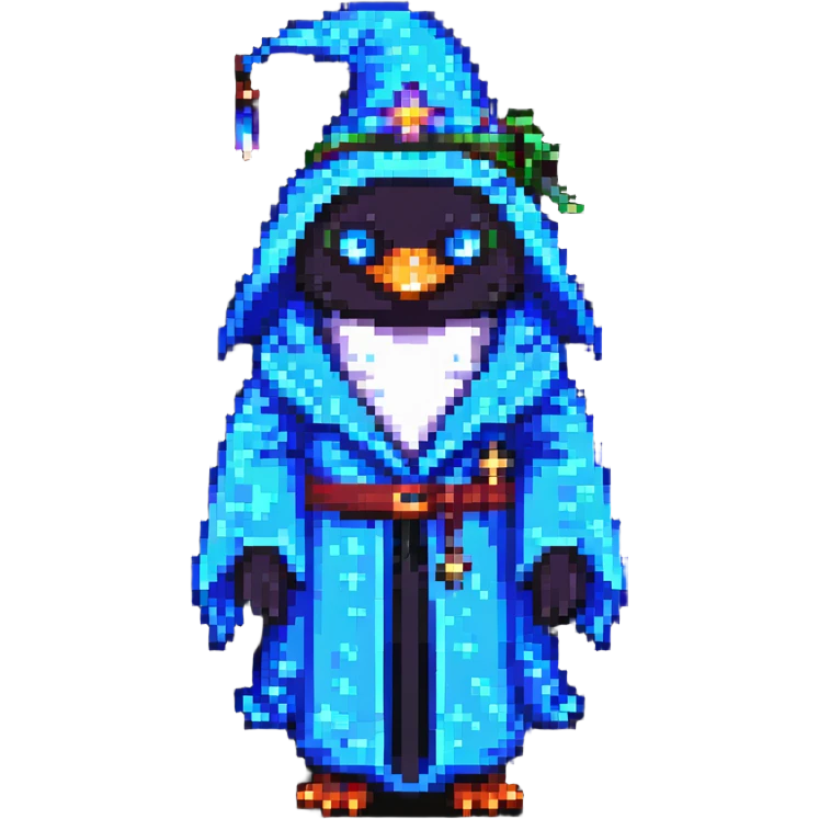 pixel art penguin wizard with a starry robe and glowing eyes emoji